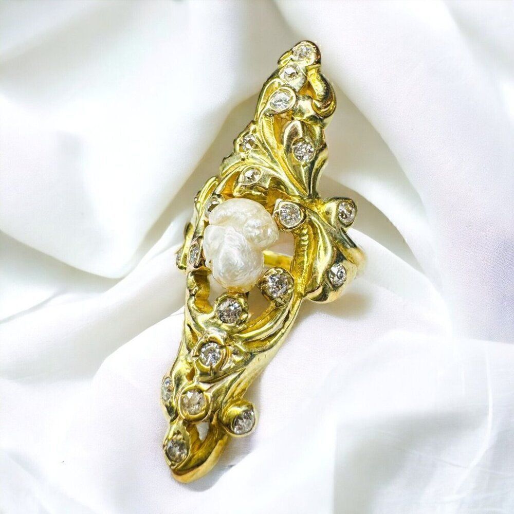 14k Gold Antique Diamond Baroque Pearl Ring Size 6.5 Victorian Art Nouveau 9.9g